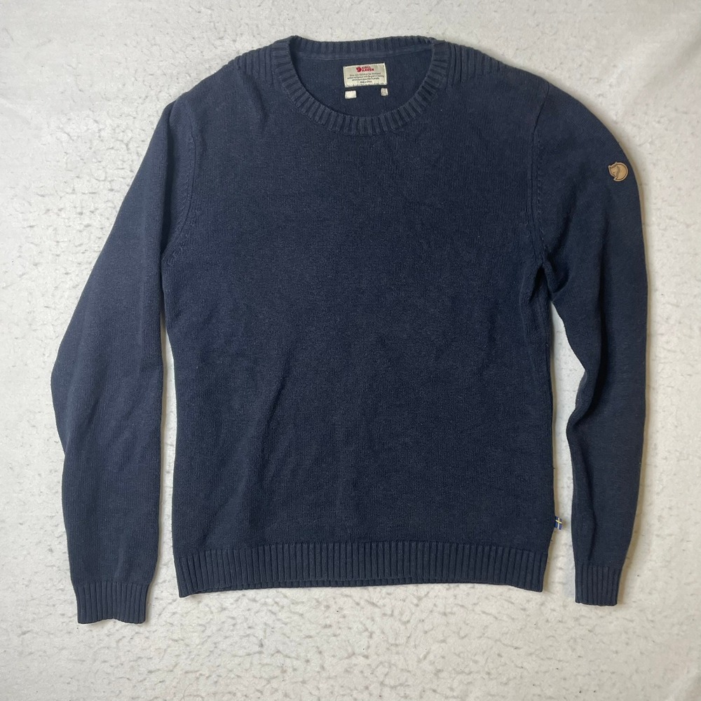 Fjallraven Ovik Knit Crew Sweater Mens Large Navy Blue Cotton Wool Blend Ribbed